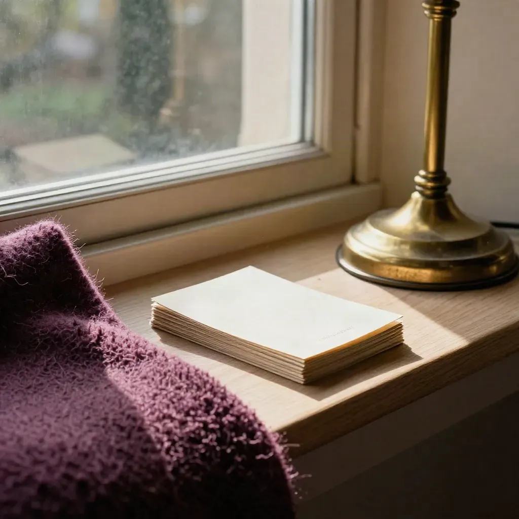 Sunlit pastor’s window seat with wool throw, face-down cards, and brass lamp.