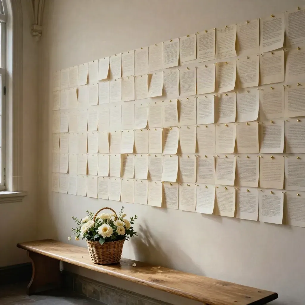 Low-angle hallway wall of testimony cards with bench and flowers, warm and serene.