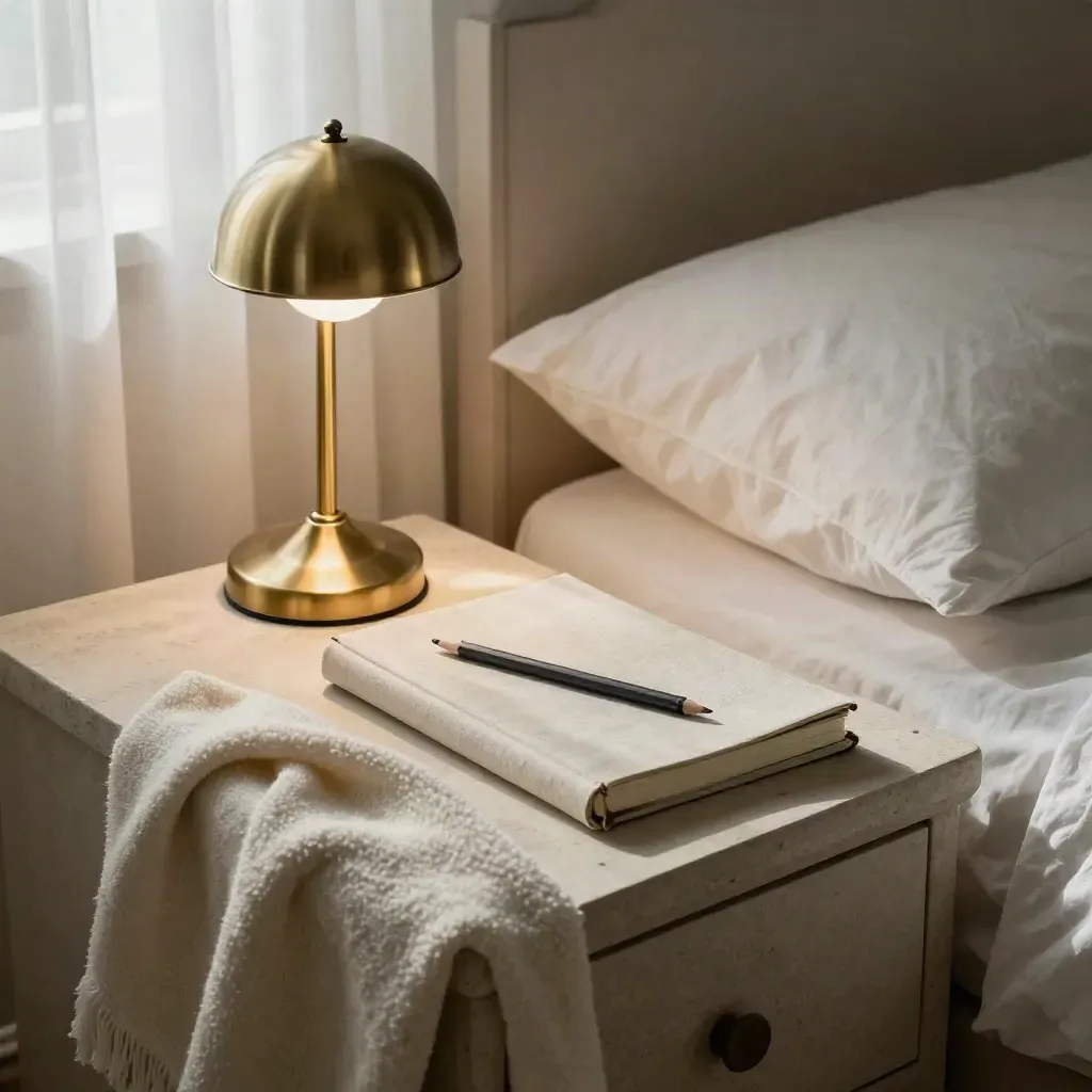 Bedside quiet-time nook with a closed notebook, pencil, lamp, and folded blanket in soft morning light.