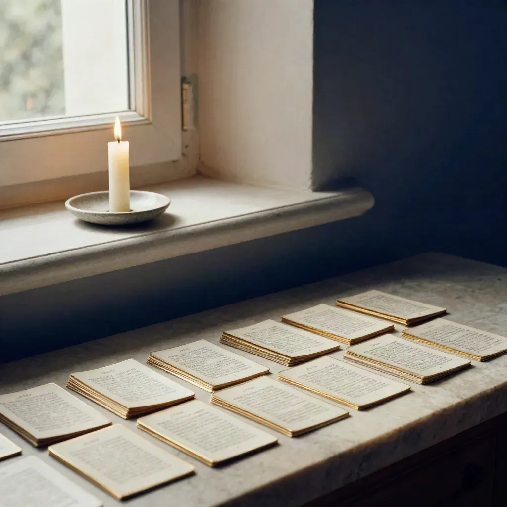 Low-angle scripture cards, stone dish and taper candle by a window in moody light.