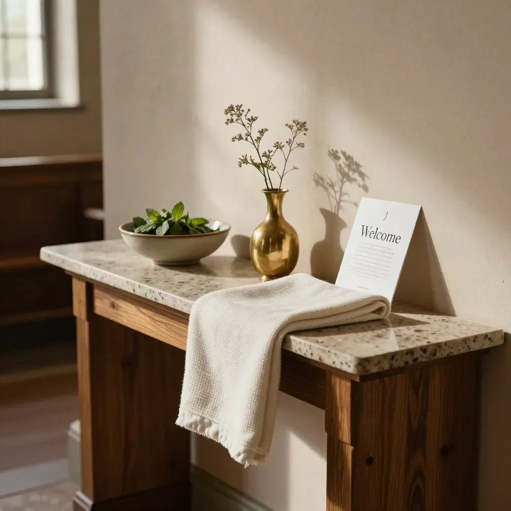 Church foyer console with mints, throw, vase, and a welcome packet in warm morning light.