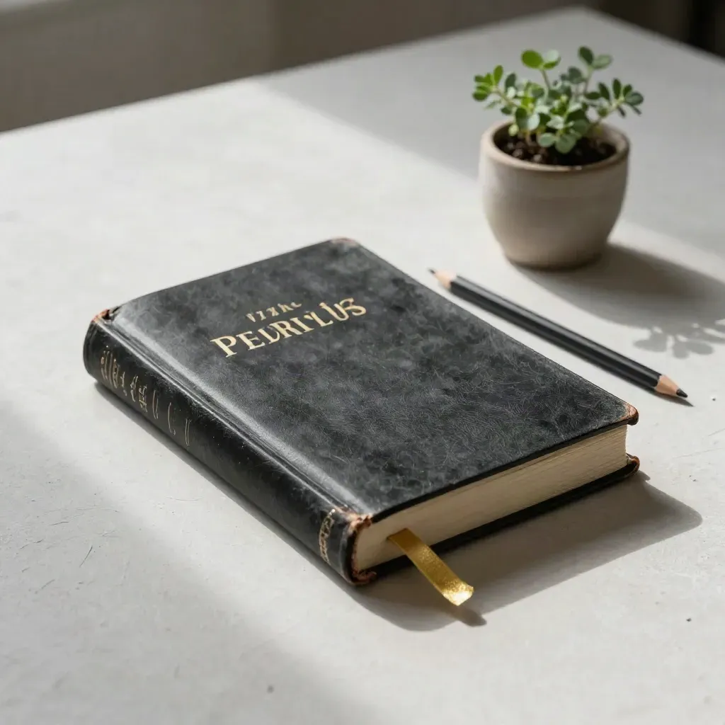Closed Bible with bookmark, pencil, and potted herb on a plaster desk in soft daylight