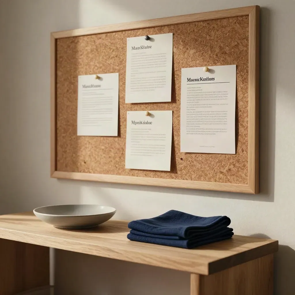 Cork notice board, ceramic dish, and folded navy cloth on a hall console.