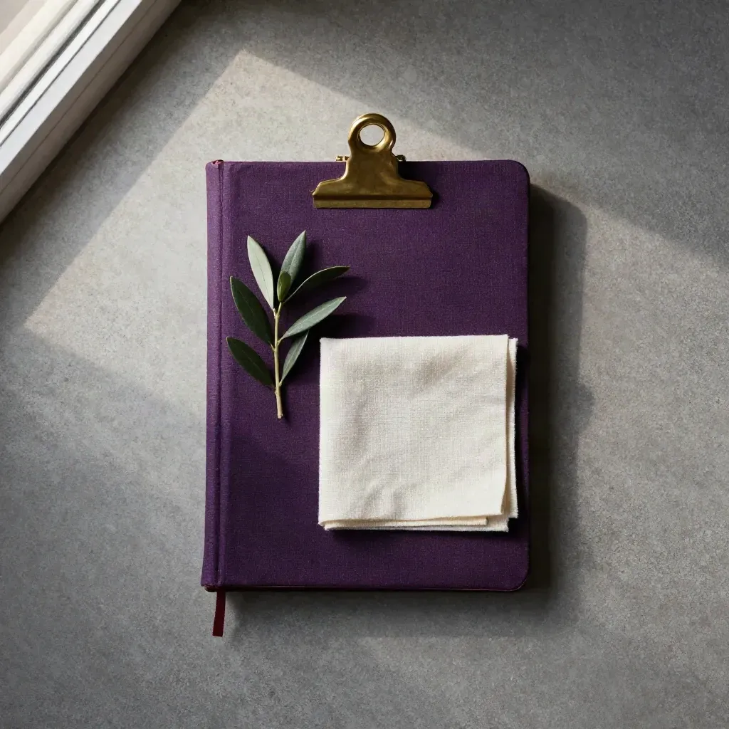 Overhead flatlay of a purple hymnal with brass clip, olive sprig, and ivory linen on concrete.