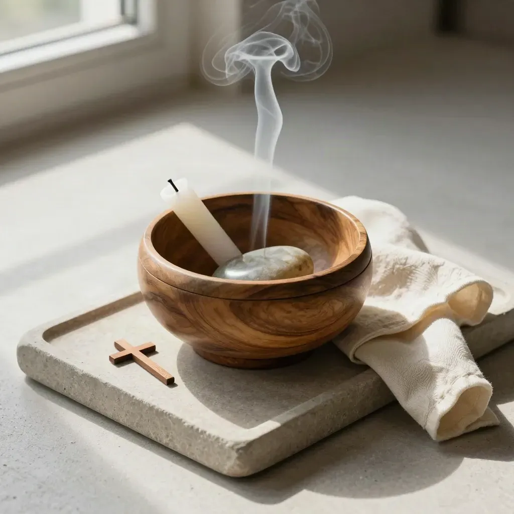 Wooden prayer bowl with candle stub, stone, cream cloth and small cross on a stone tray in soft smoke.