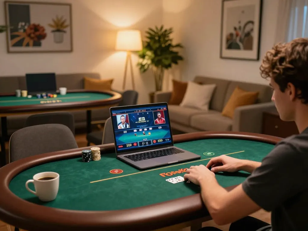 Pemain yang terlibat fokus pada RTP rokok88 di meja poker online, menunjukkan lingkungan permainan yang bertanggung jawab.