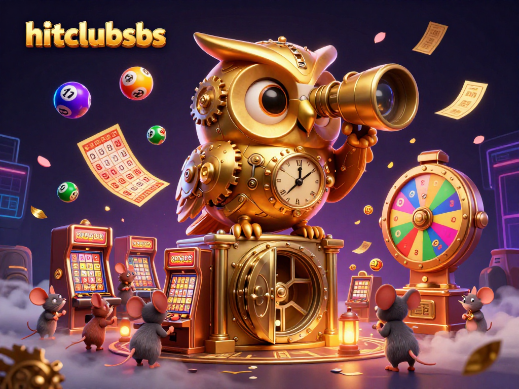 Experience the excitement of hitclubsbs with a vibrant casino scene featuring dynamic lottery elements and a golden owl.