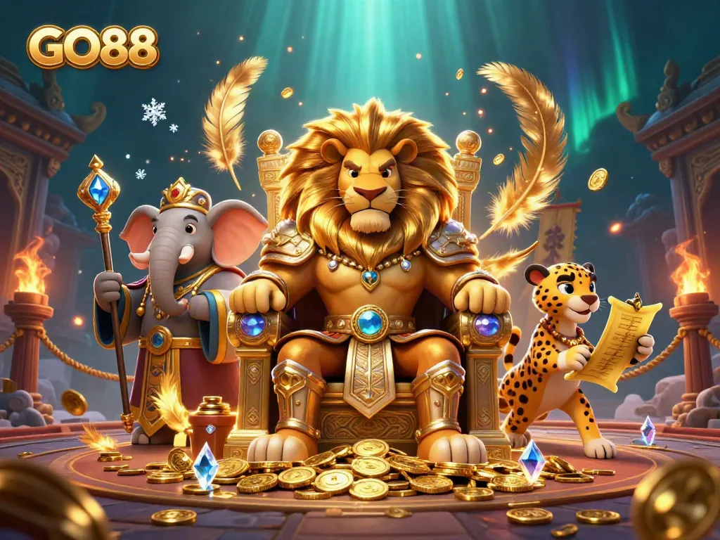 Engage with GO88 luxury gaming as the lion king presides over golden coins in a vibrant casino scene.