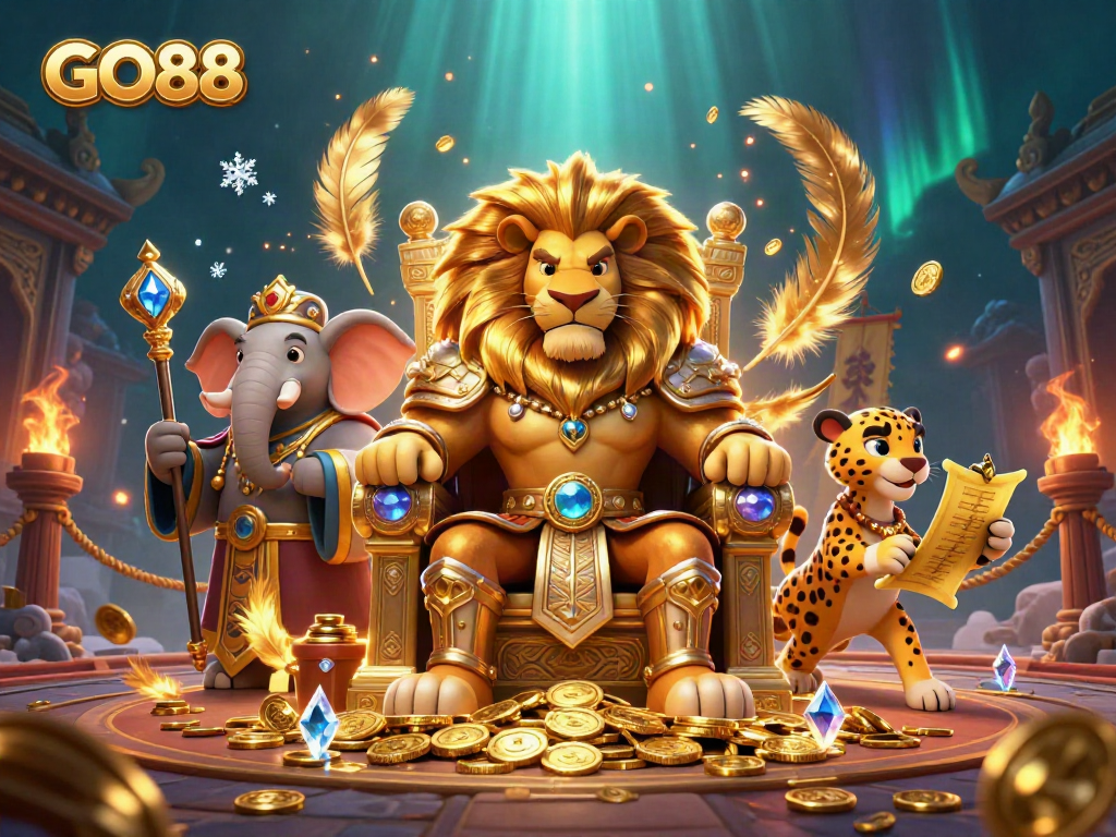 Engage with GO88 luxury gaming as the lion king presides over golden coins in a vibrant casino scene.