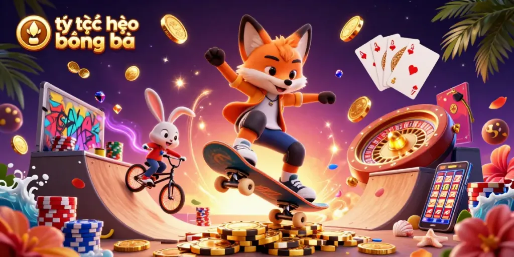 Engage with the exhilarating world of tỷ lệ kèo bóng đá as a skateboarder fox performs tricks over golden poker chips.