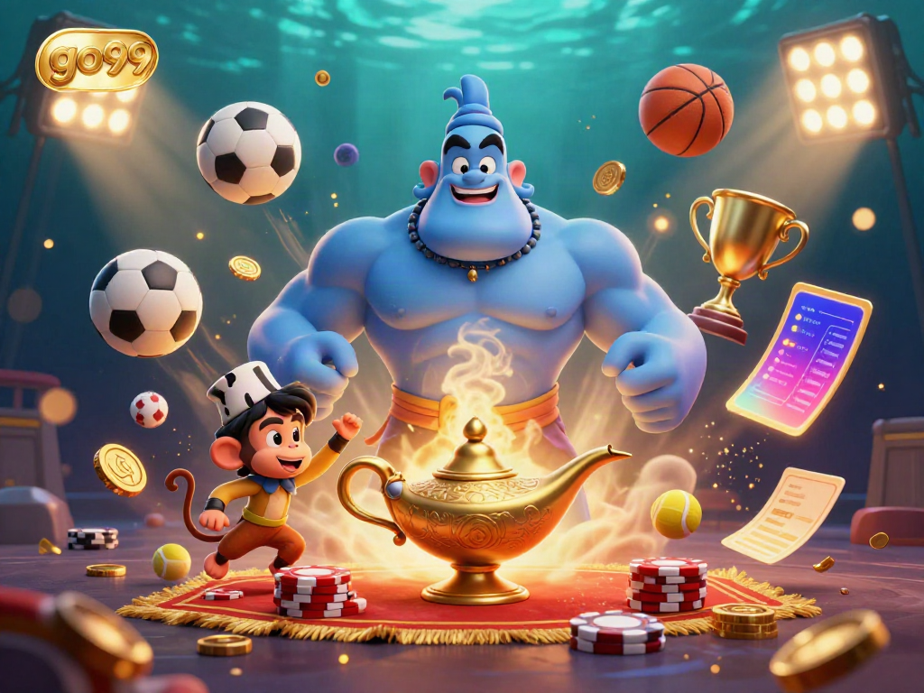 Experience thrilling wins with go99 in this vibrant casino scene showcasing cartoon characters and dynamic sports elements.
