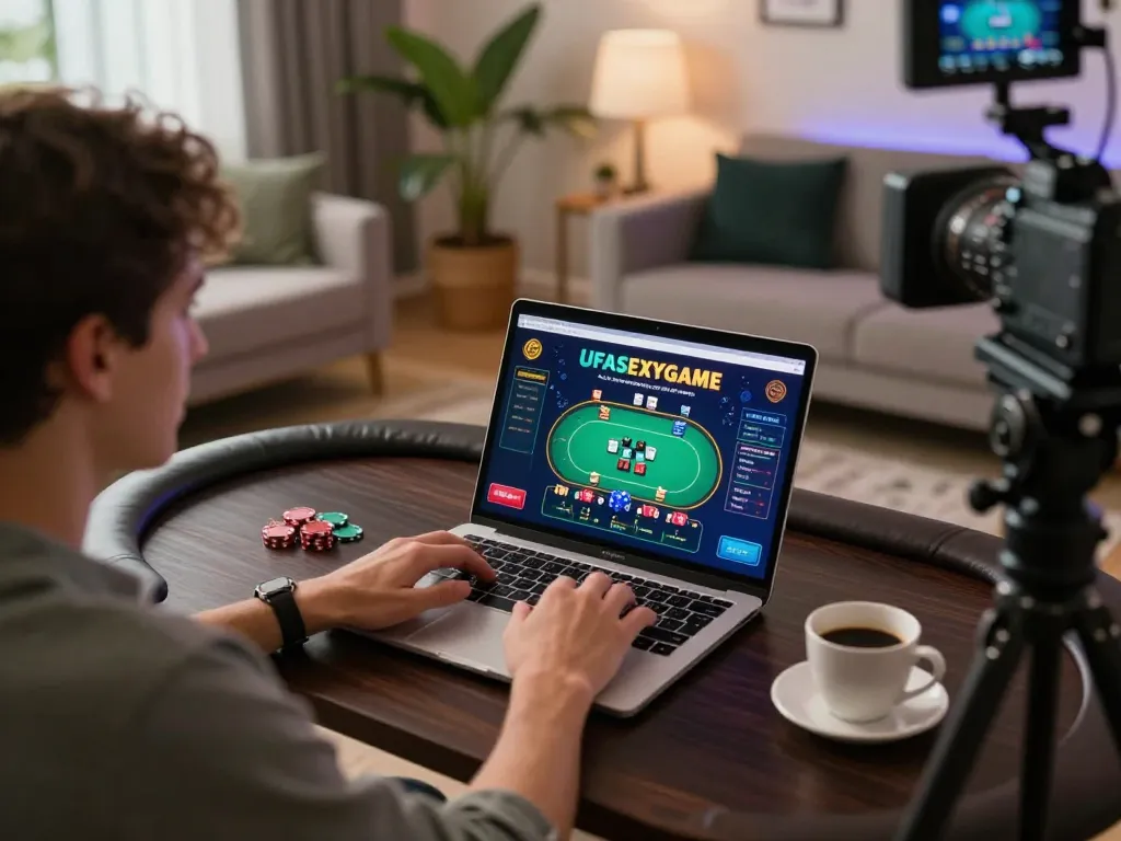 Engaging in UFASEXYGAME poker gameplay at home with a stylish laptop setup and cozy ambiance.