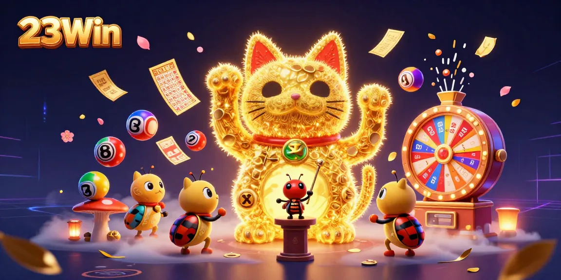 Experience thrilling wins with 23Win's lucky cat and dynamic lottery elements in this vibrant casino scene.
