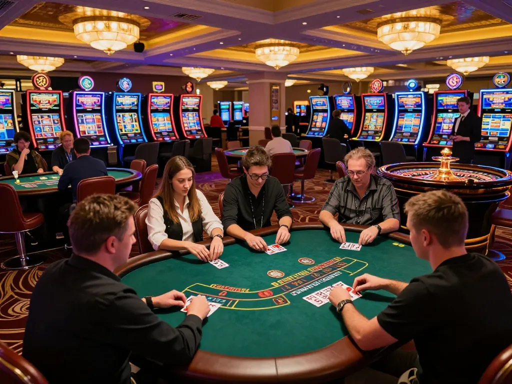 Players strategizing in vibrant casino with sunwin-themed poker game and slot machines