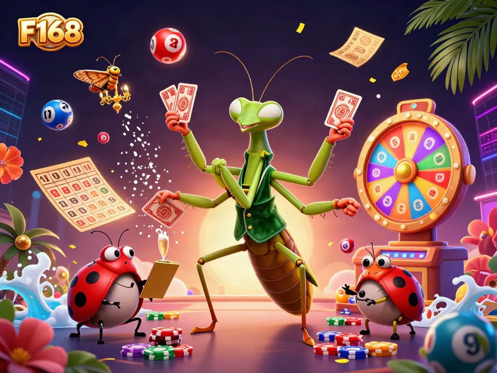 Experience exhilarating F168 casino excitement with a vibrant scene of colorful lottery balls and dynamic characters.