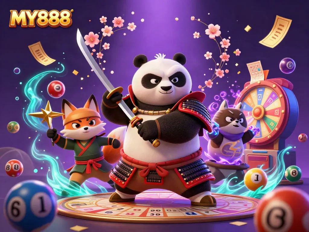 MY888 features an impressive 3D scene with samurai panda and ninja fox in dynamic gambling action.