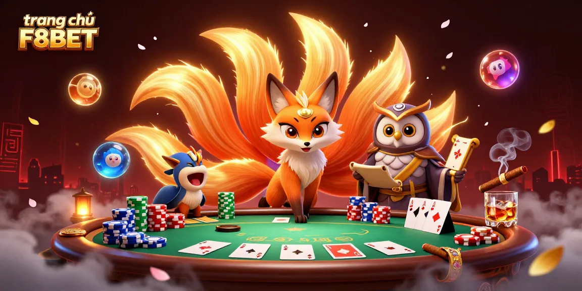 Experience the vibrant world of trang chủ F8BET with a glowing fox spirit and poker elements.