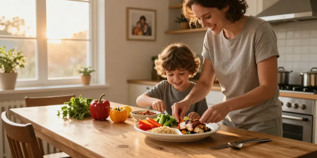 Healthy family meal prep with Portion Control Plate showcasing balanced vegetables, grains, and proteins.
