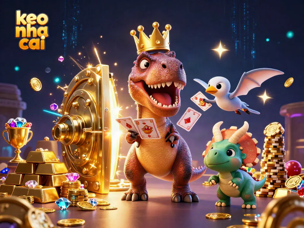 Experience the thrill of betting with keo nha cai featuring a playful dinosaur card game scene.