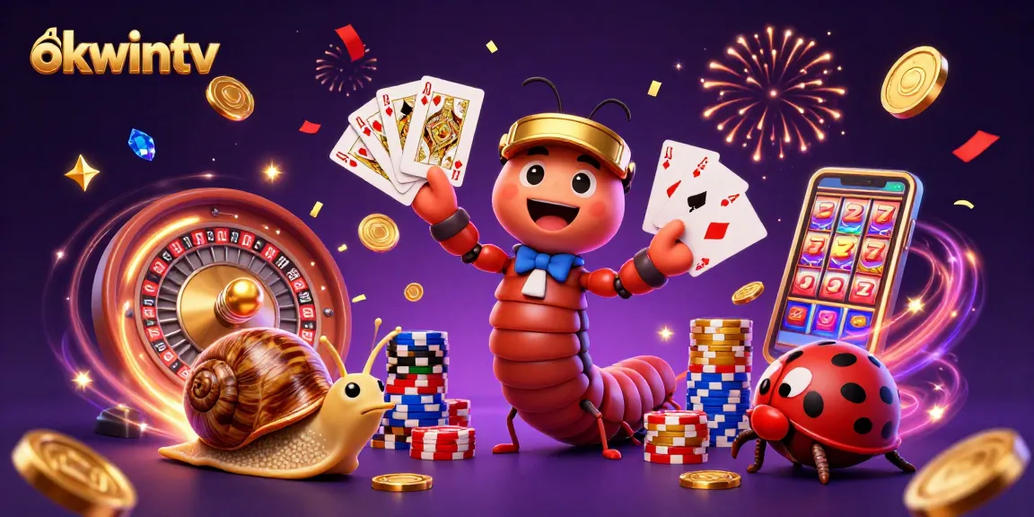 Experience the excitement of okwintv with a vibrant 3D casino illustration featuring engaging characters and lively game elements.