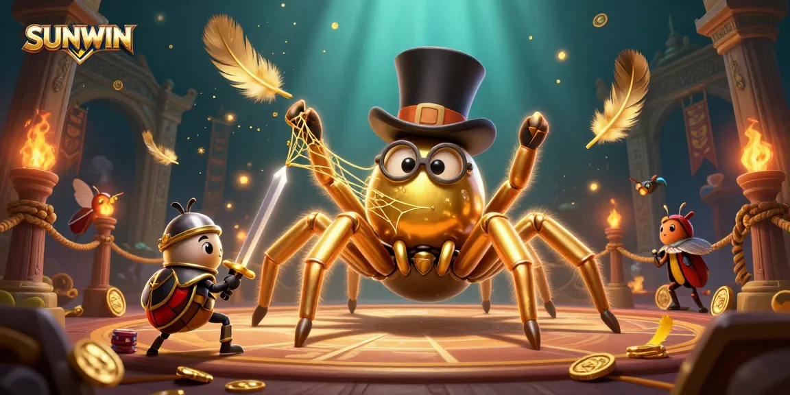 SUNWIN captivates with a dynamic 3D scene including a golden tarantula and beetle knight in a vibrant casino setting.