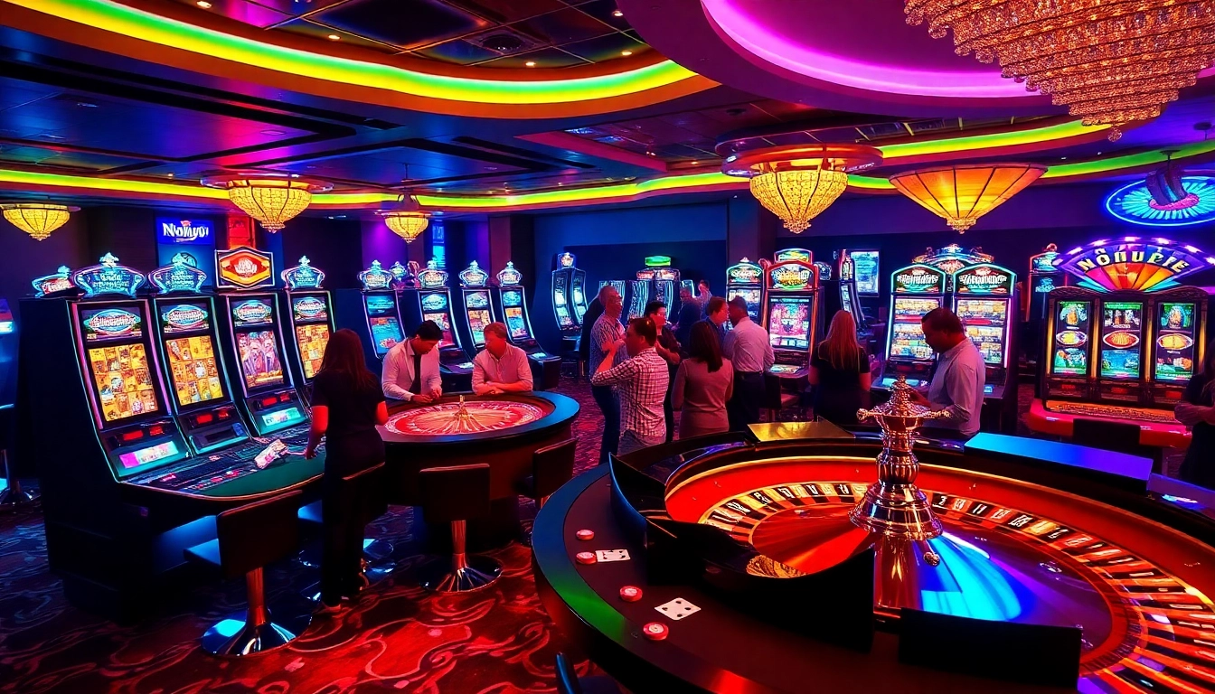 Nohu90's exciting casino floor showcasing players at roulette and dynamic slot machines.