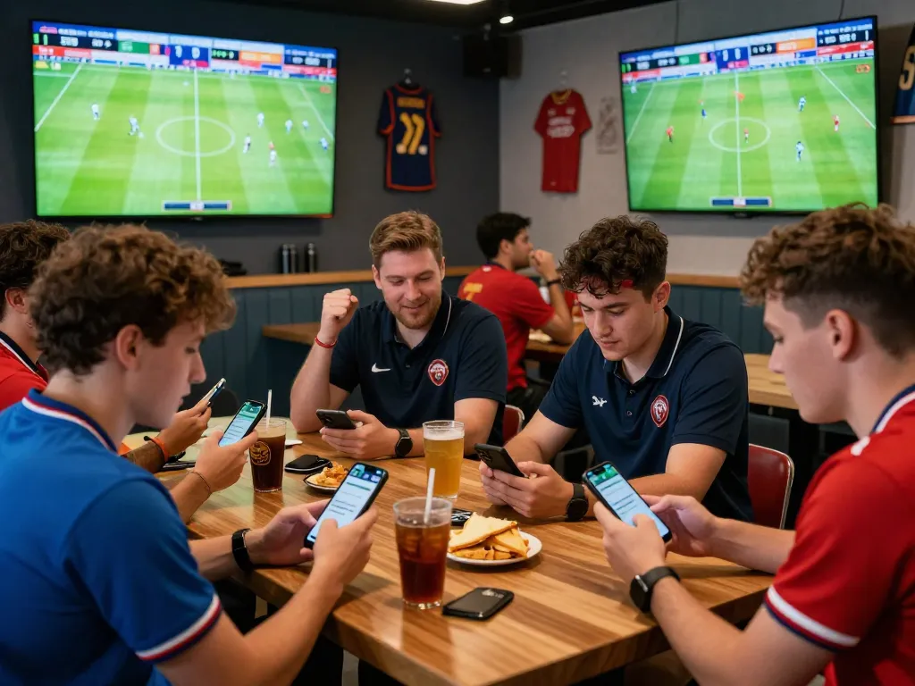 Friends enjoying live football match betting experience at 1gom