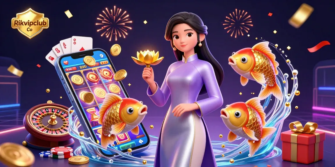Experience the excitement of Rikvipclub Co with vibrant 3D casino visuals showcasing slot games and a unique Asian character.