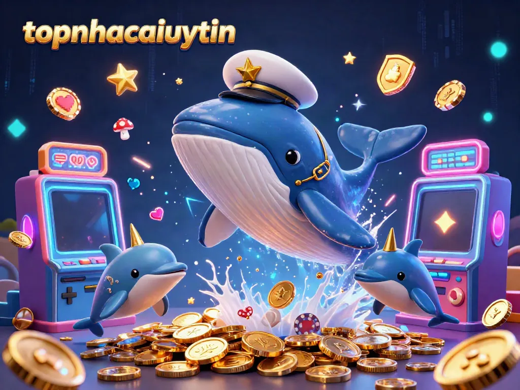 Enjoy thrilling slots at topnhacaiuytin with a vibrant 3D illustration of a whale and playful sea creatures.