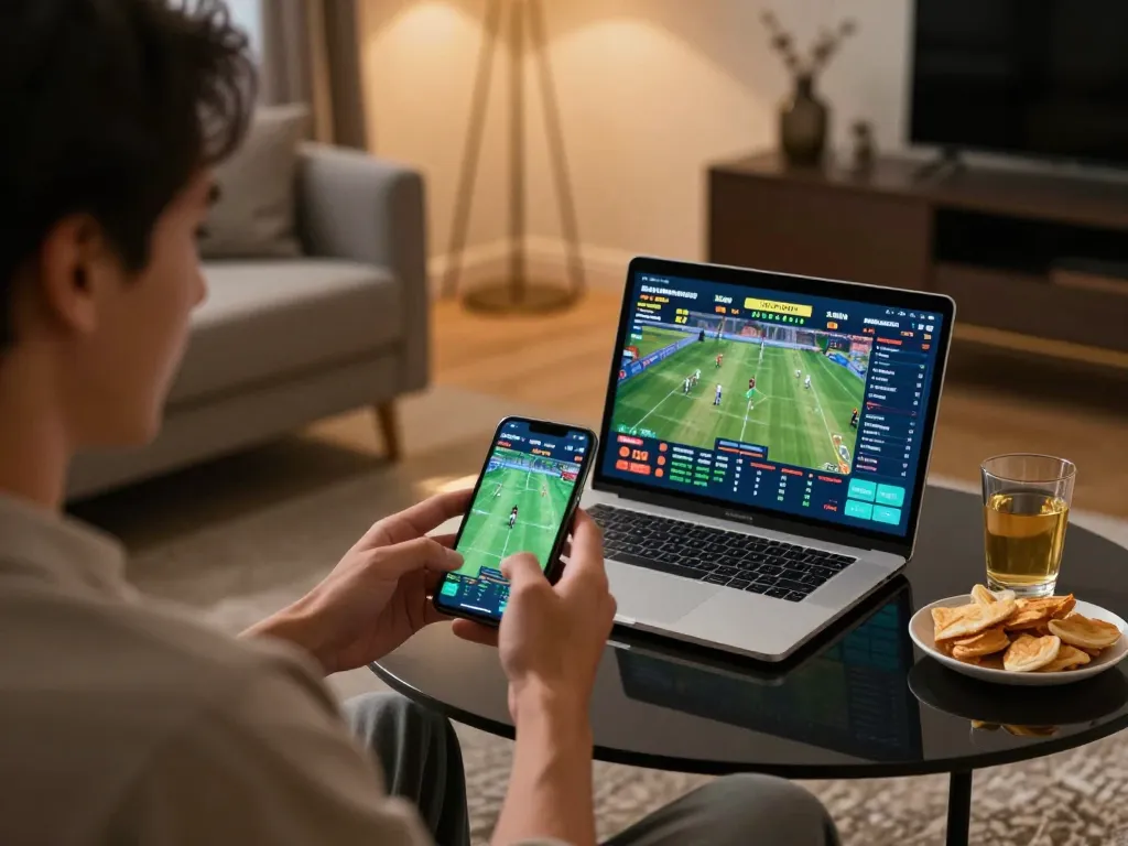 Engaging in sports betting with Net 88 on a smartphone in a cozy home setting, showcasing excitement and strategy.