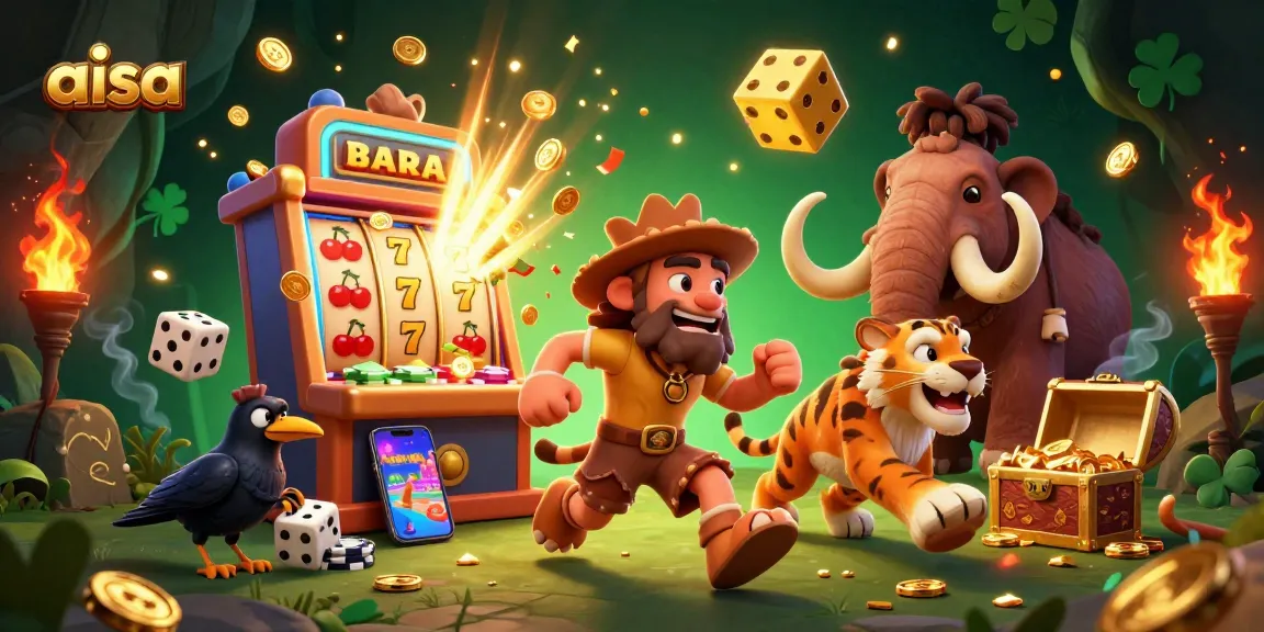 Aisa showcases a vibrant casino scene with a caveman, sabertooth tiger, and crow amidst colorful gaming elements.