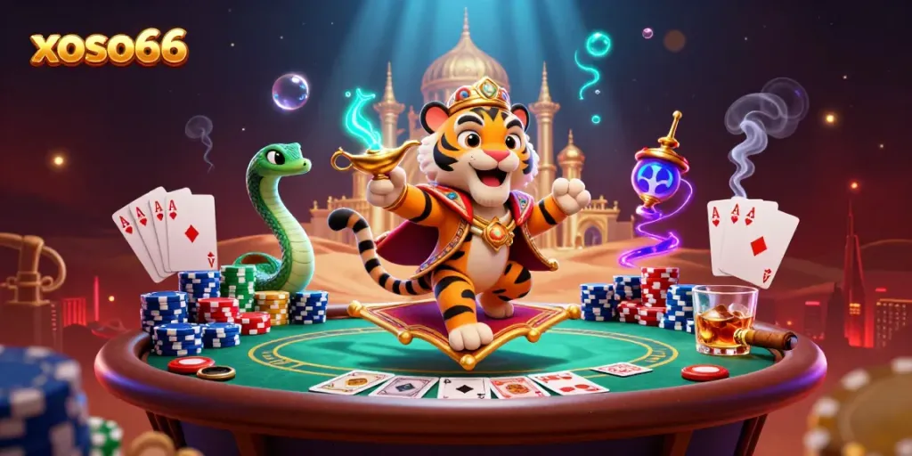 Engage in thrilling gaming with xoso66, featuring vibrant 3D casino art and poker elements.