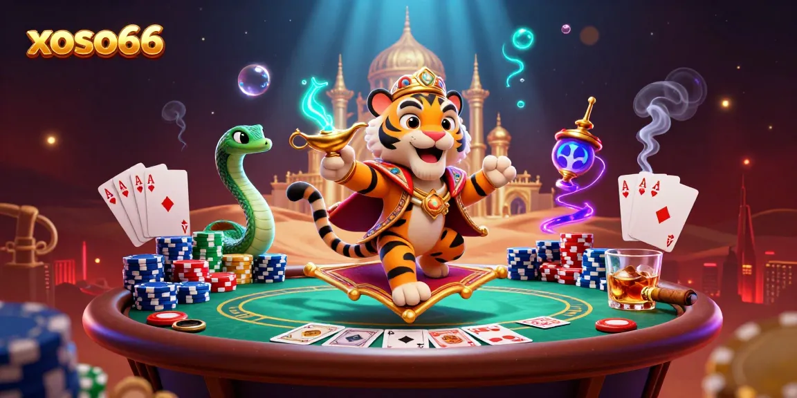 Engage in thrilling gaming with xoso66, featuring vibrant 3D casino art and poker elements.