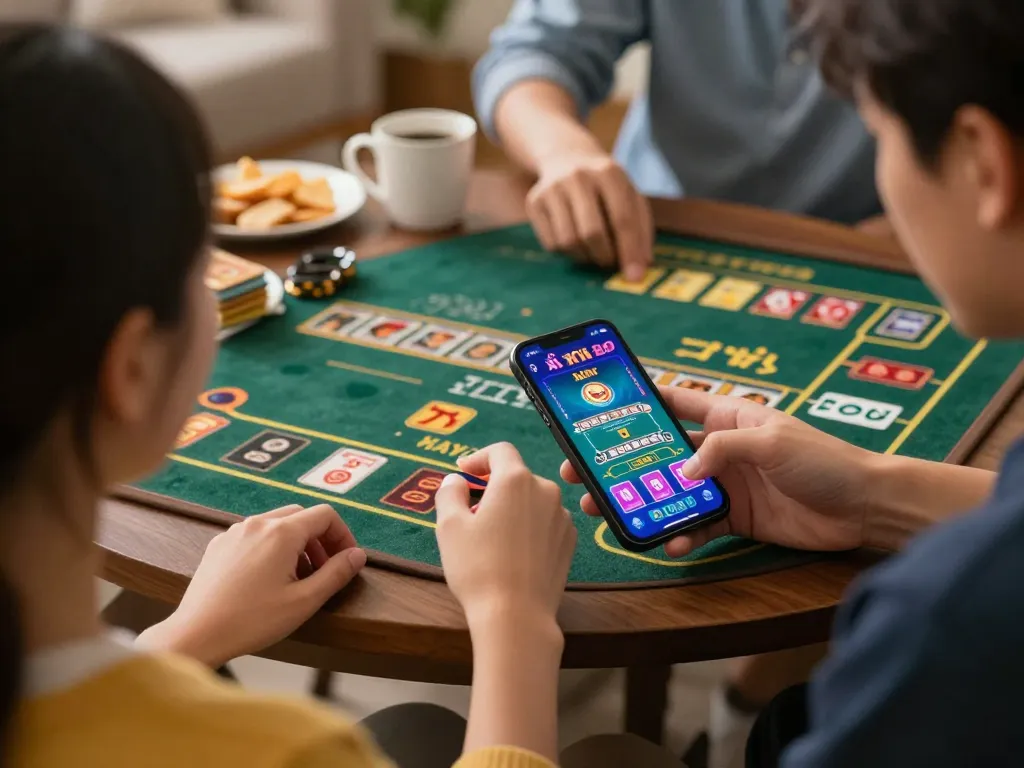 Engaging in a dynamic tài xỉu online uy tín game on smartphone in a stylish living room setting
