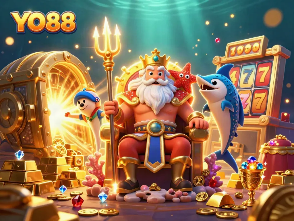 Immerse in the excitement of YO88 with Neptune and treasures illustrating vibrant 3D gambling adventures.