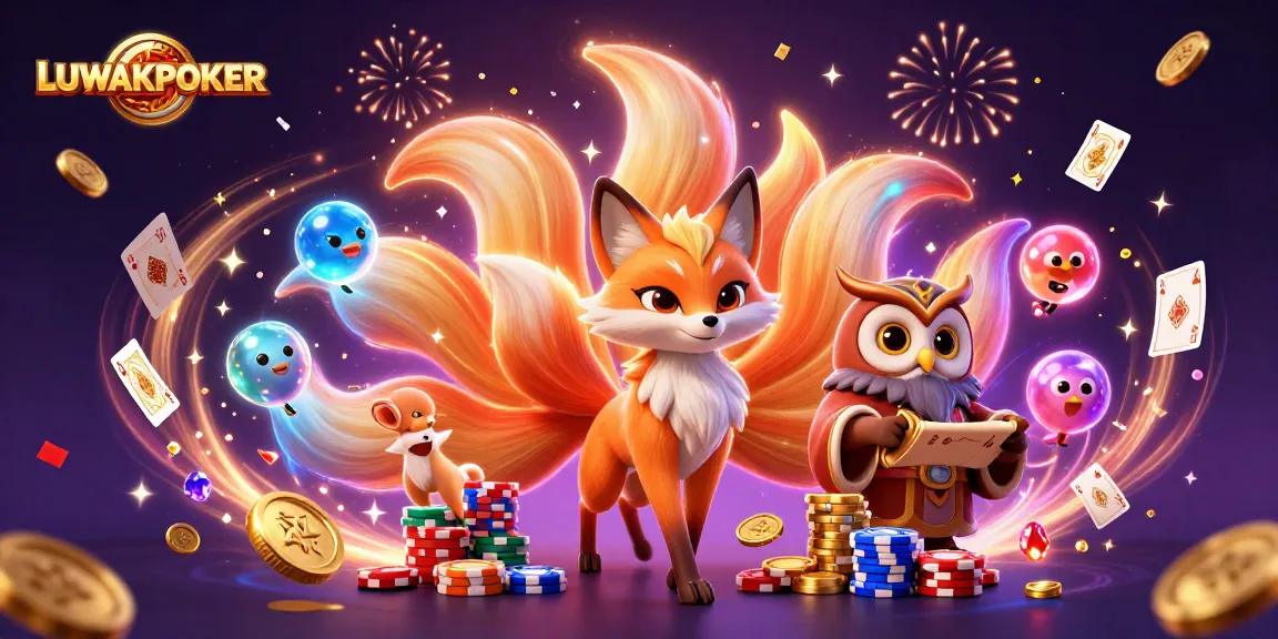 Experience vibrant gameplay with LUWAKPOKER featuring animated spirits, poker chips, and winning cards.