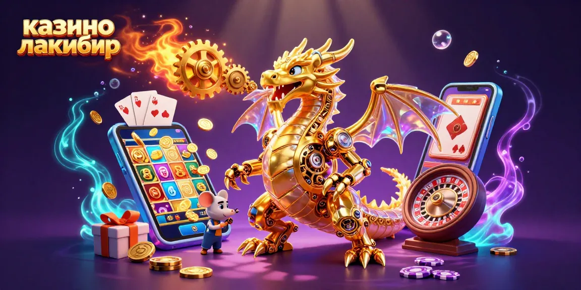 Experience the excitement at казино лакибир with a 3D scene of a golden dragon and vibrant games.