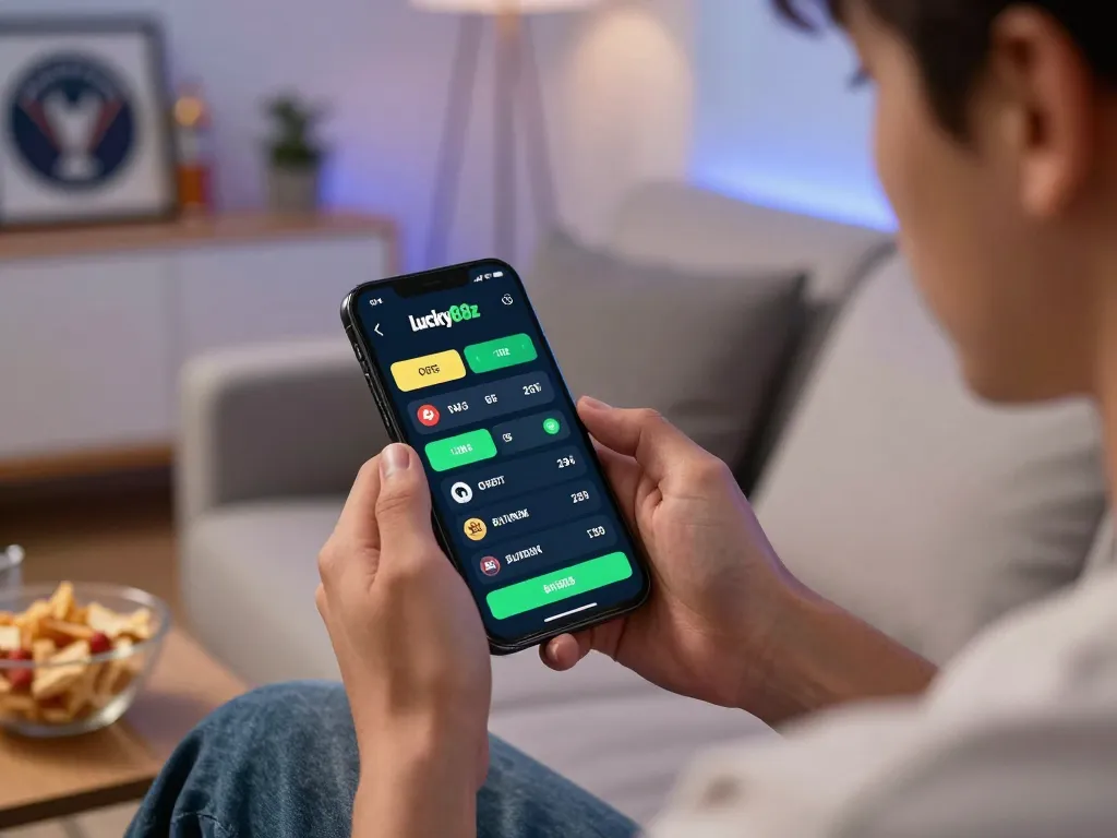 Person using lucky88z app for live sports betting on smartphone, immersed in the excitement of the game.