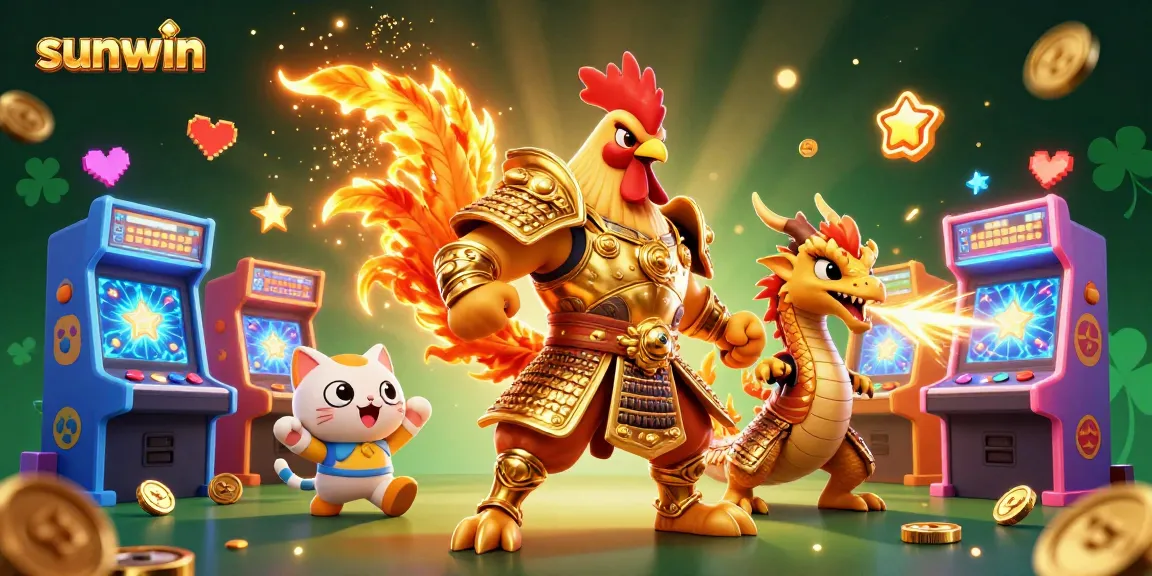 Engage with sunwin's thrilling 3D casino adventure featuring a warrior rooster and dragon hatchling.