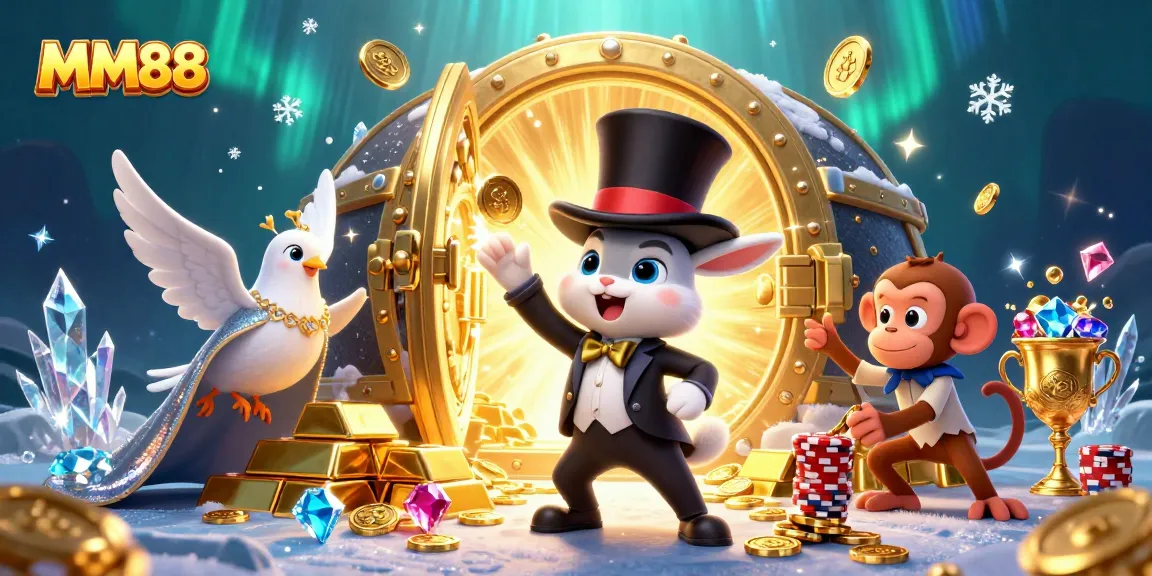 Experience MM88's vibrant 3D casino scene with a rabbit magician, dove assistant, and monkey amidst coins and gems.