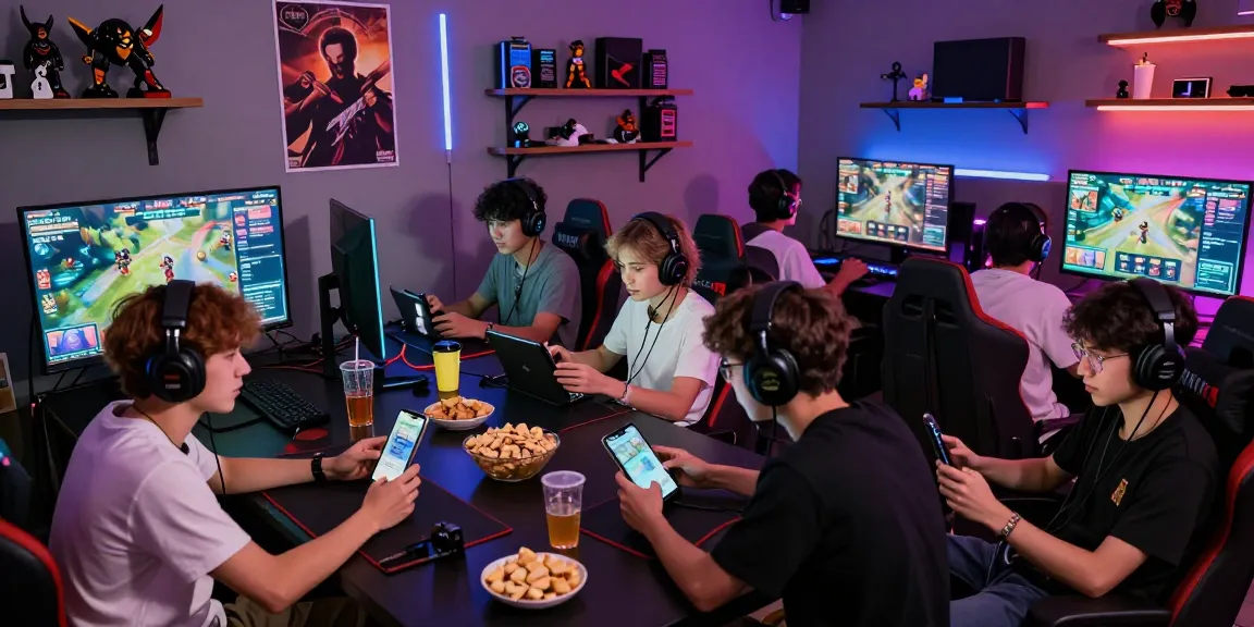 Group of gamers enjoying rokok 88 mobile games in a vibrant gaming lounge