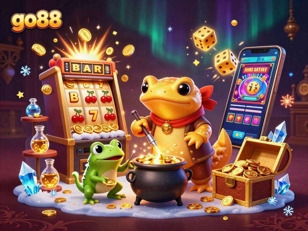 Experience go88's magic as golden salamanders and frogs create a dazzling casino landscape.