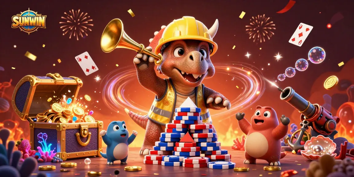 SUNWIN showcases an exciting 3D illustration of casino-themed dinosaurs celebrating wins with gold coins and poker chips.