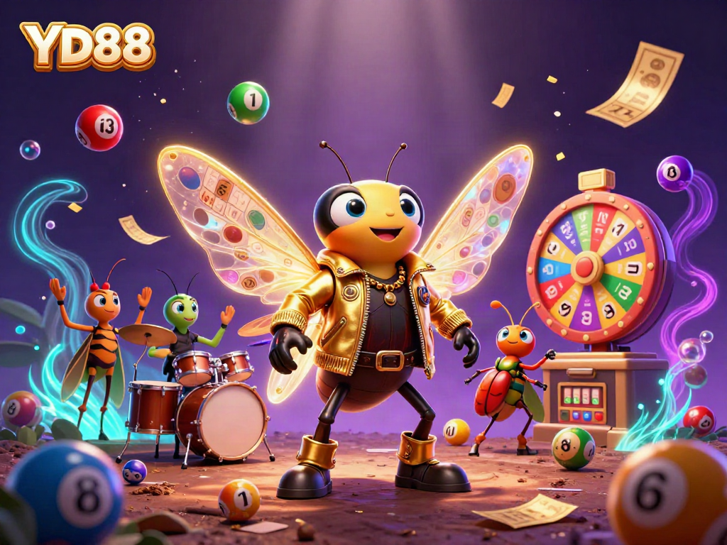 Experience the vibrant energy of YD88's dynamic gaming with a 3D rock star and backup band amidst colorful gambling elements.