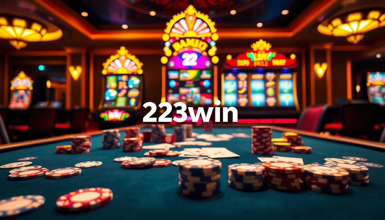 Experience the excitement of gambling at 23win's luxury casino tables with vibrant chips and cards.