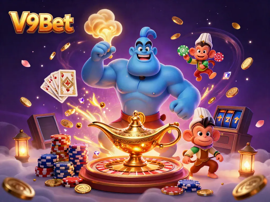 Win big at V9Bet with enchanting illustrations of spirited characters and vibrant casino elements.
