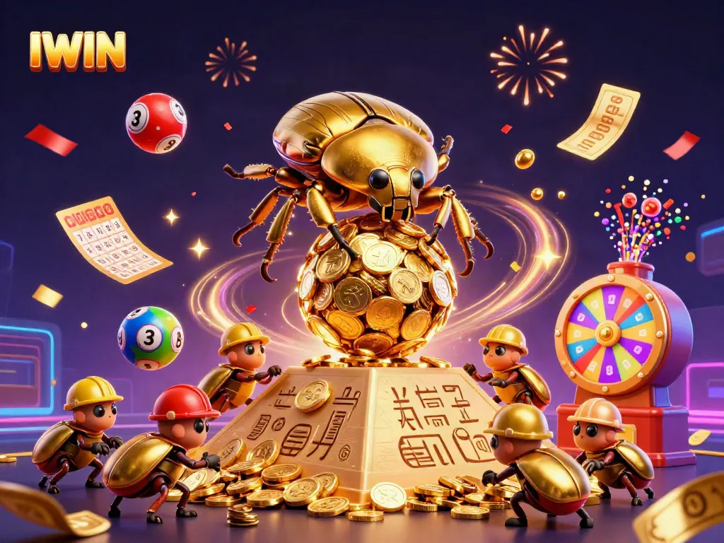 IWIN presents a vibrant scene with cartoon beetles celebrating as they roll a giant coin ball amidst casino elements.