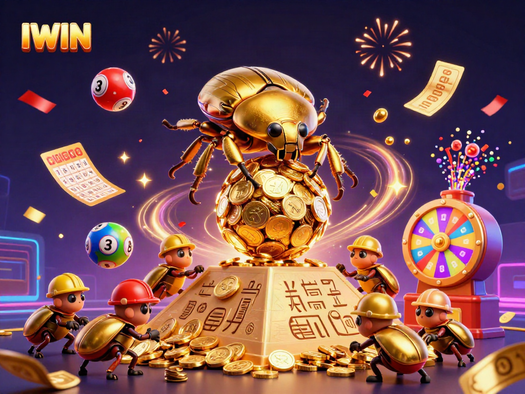 IWIN presents a vibrant scene with cartoon beetles celebrating as they roll a giant coin ball amidst casino elements.