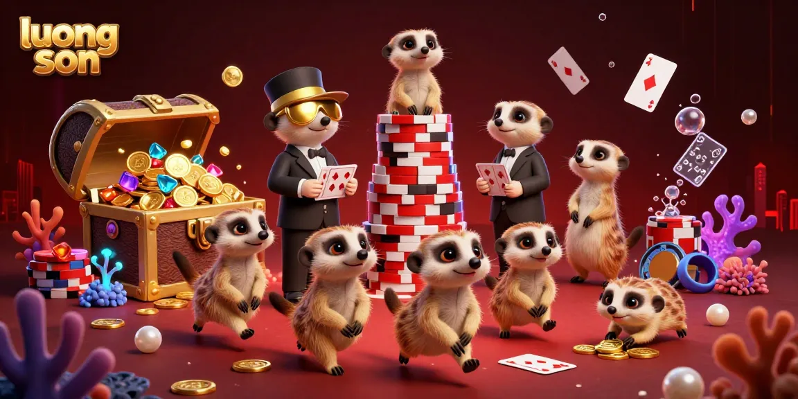 Join the fun at luong son casino where meerkats deal cards and sneak chips amidst treasure chests.