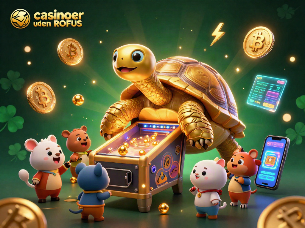 Engage with casinoer uden ROFUS featuring a golden tortoise pinball machine, showcasing vibrant casino elements.